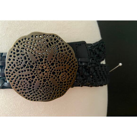 LUCKY BRAND Black Weave Leather Belt w/Boho Buckle sz XS/S - Picture 3 of 9